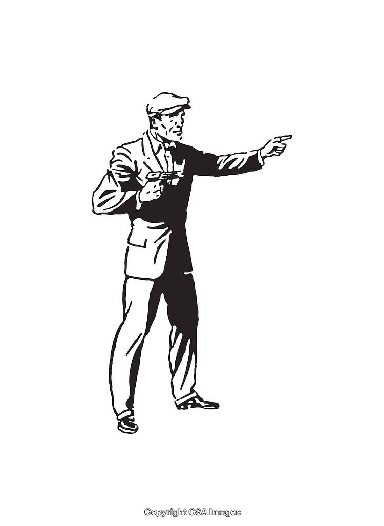 Black and White Illustration of a Man Pointing and Holding an Object