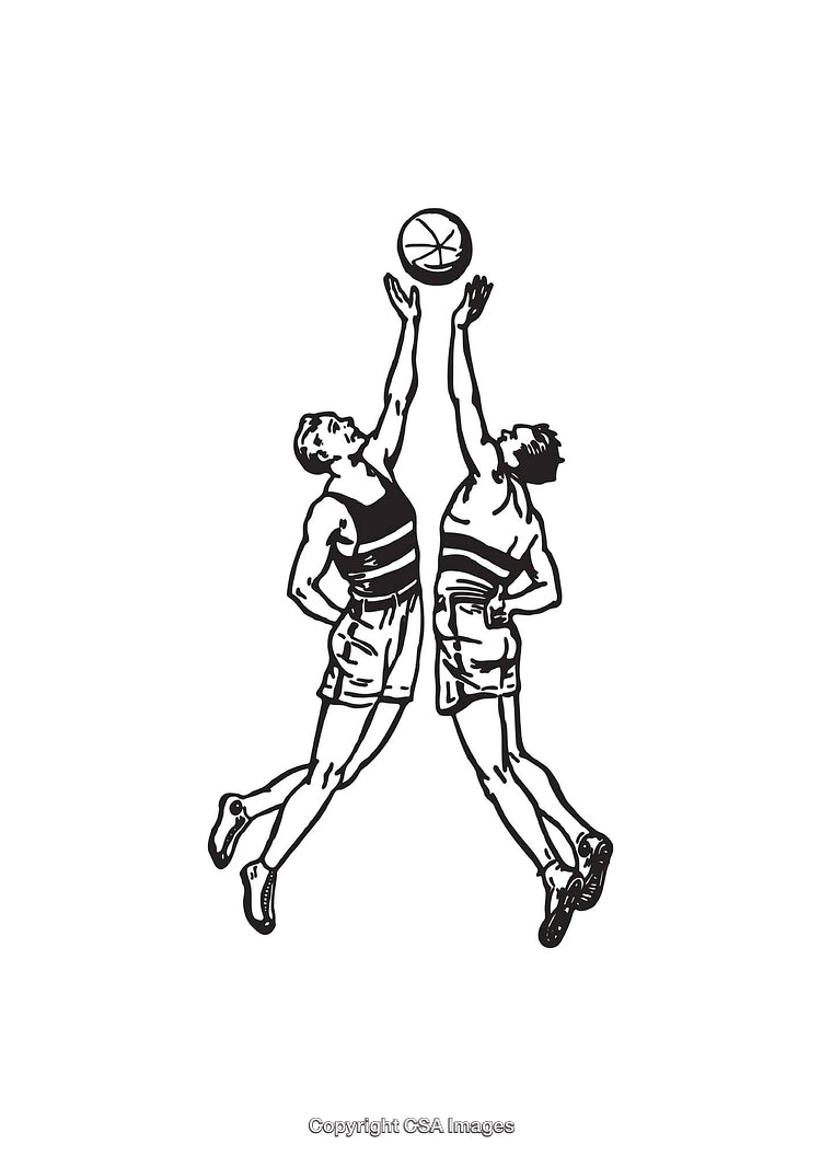 Vintage Line Art of Basketball Players Competing for the Ball