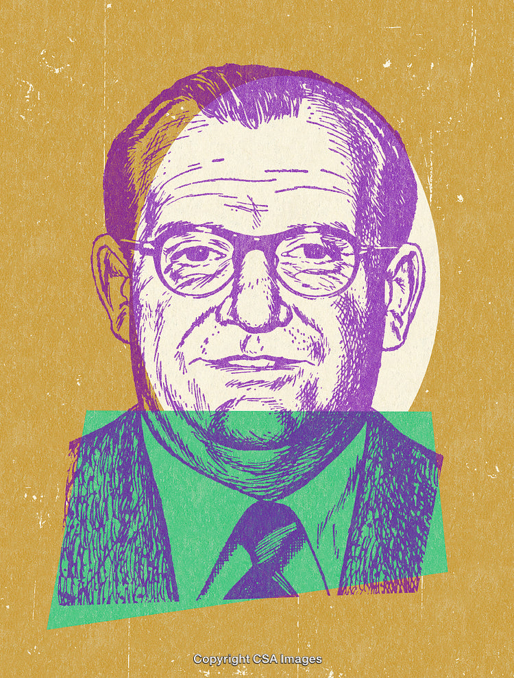 Retro-Styled Illustration of a Professional Gentleman with Glasses on a Textured Background