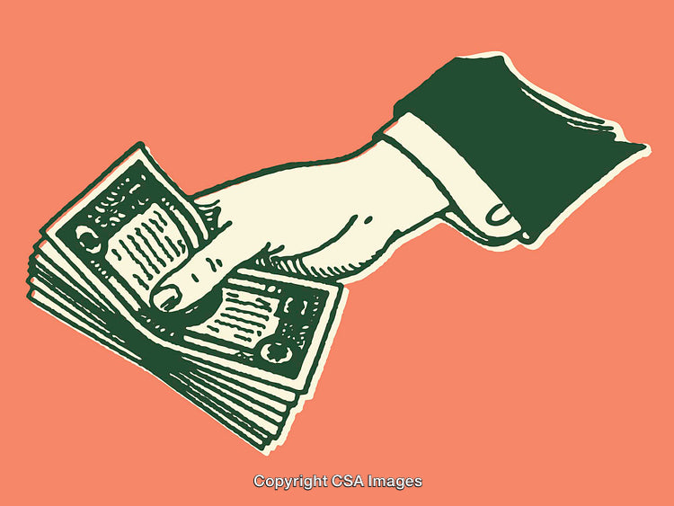 Hand Holding Money Bills on Light Orange Background, Line Art Style