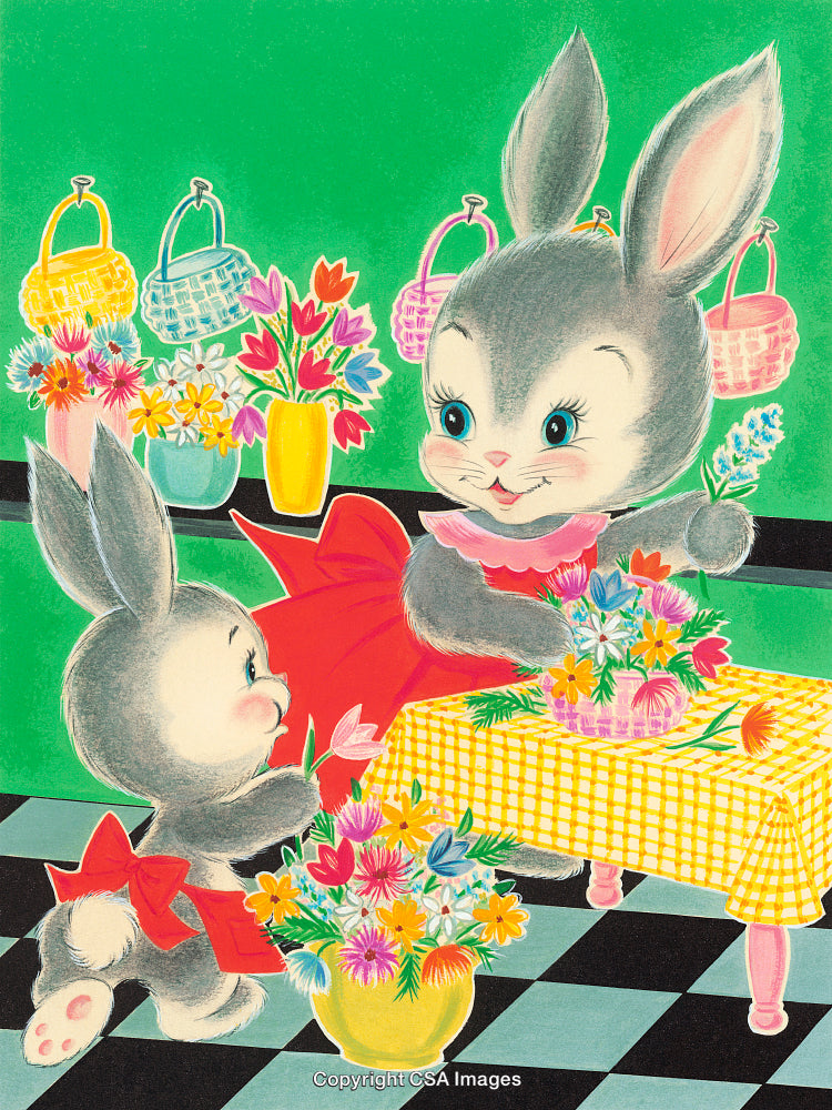 Charming Rabbits Arranging Colorful Flowers in a Brightly Decorated Room