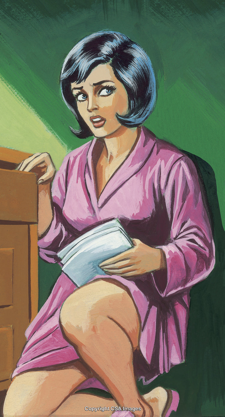 Retro Illustration of a Woman in a Pink Robe Holding Papers