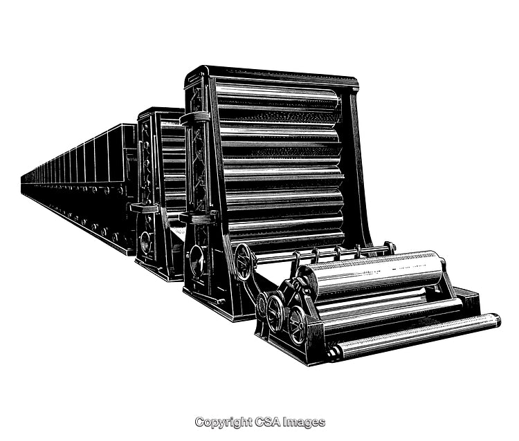 Detailed Black And White Engraving of Industrial Machinery With Rollers