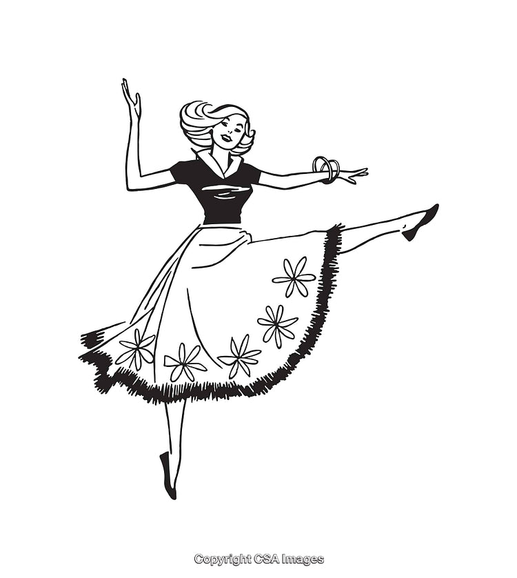 Black and White Illustration of Woman Dancing in Stylish Retro Skirt