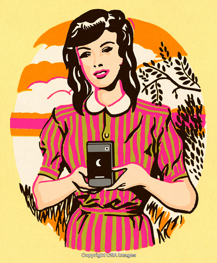 Modern Retro Illustration of a Woman Holding a Smartphone in Nature