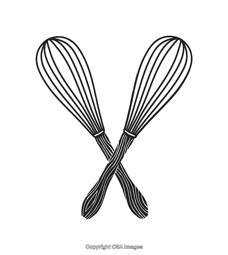 Crossed Whisks Black and White Line Art Illustration of Kitchen Tool