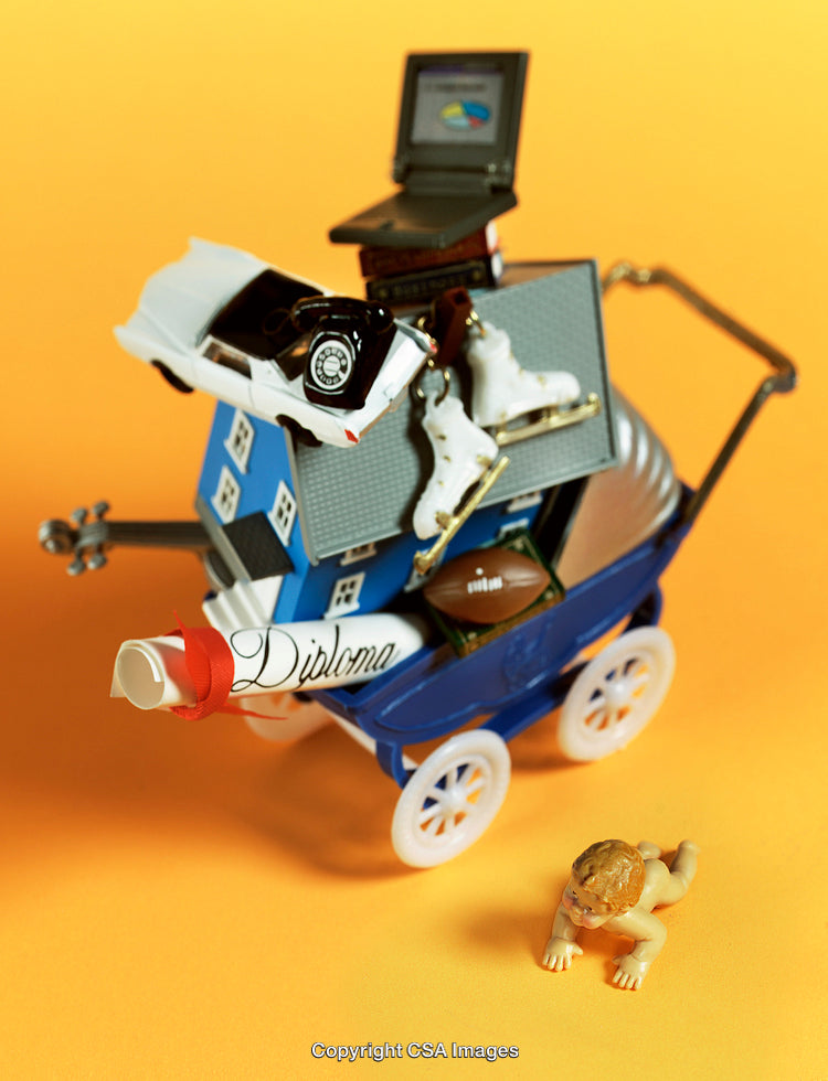 Plastic Toys Representing Childhood, Aspirations, and Life Stages on Bright Background