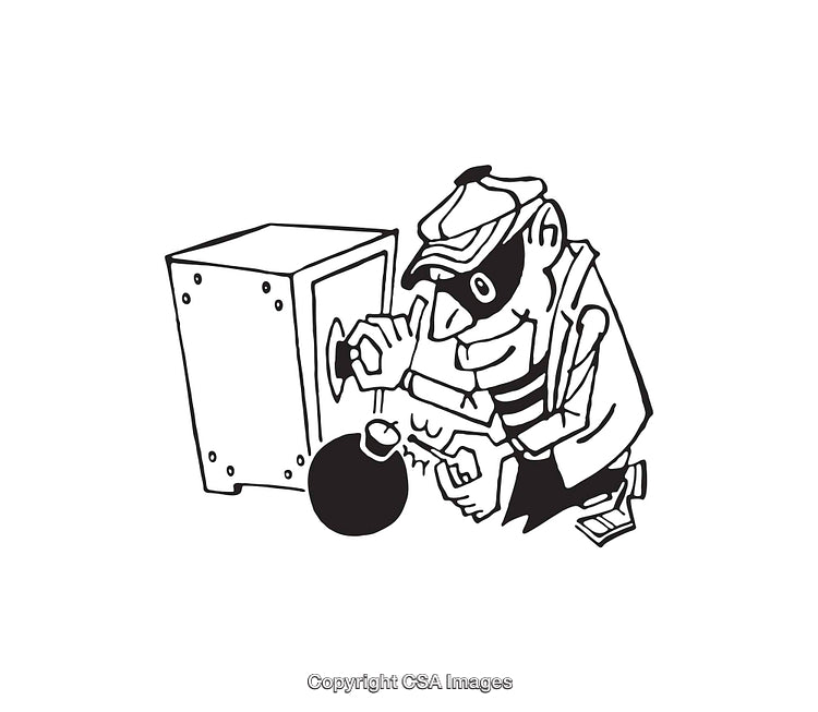 Cartoon Thief Cracking Open Safe in Black and White Illustration