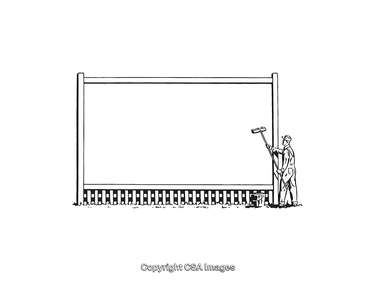 Worker Painting Large Outdoor Sign with Roller in Black and White Illustration