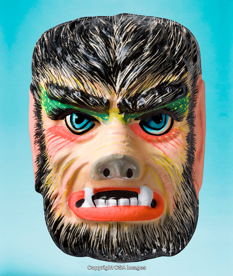 Vintage Werewolf Mask with Blue Eyes and Colorful Features on Cyan Background