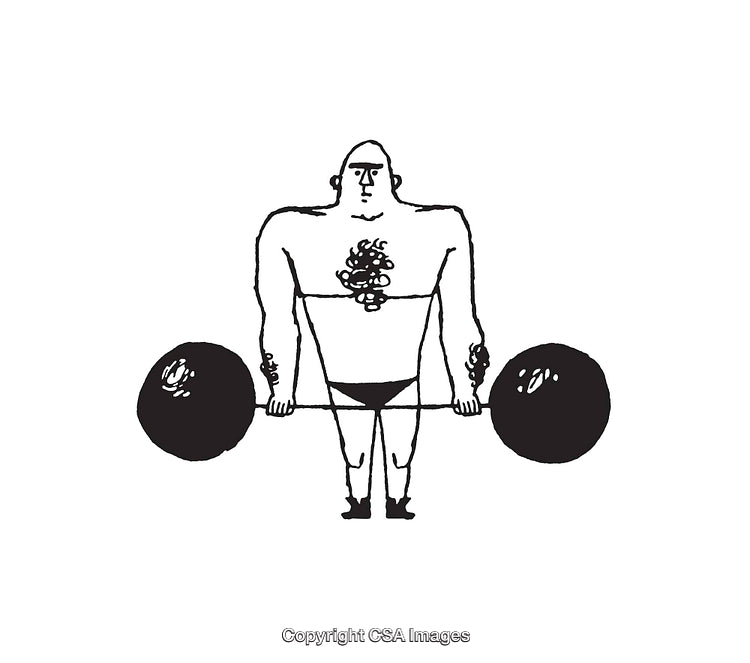Vintage Black and White Line Art of a Weightlifter Holding a Barbell