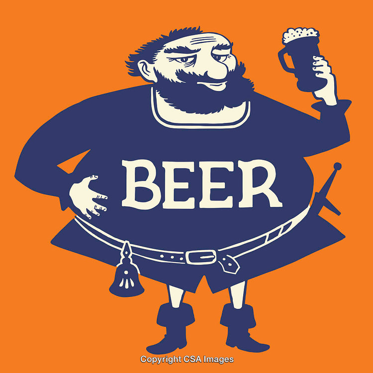 Cartoon Figure Enjoying Beer Mug with Bold Lettering on Orange Background