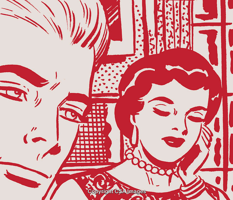 Retro Stylized Illustration of a Thoughtful Couple in Pop Art Style