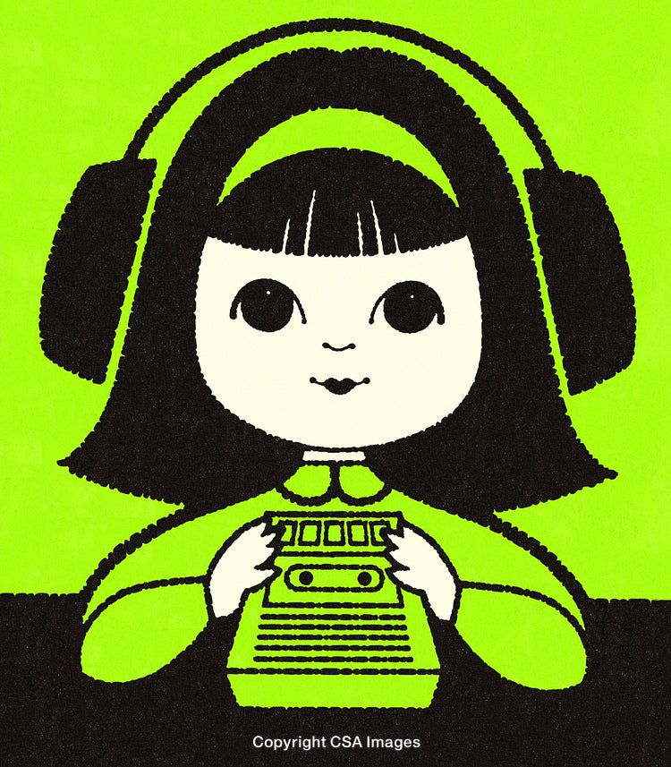 Cute Illustration of Girl Listening to Music on Vintage Audio Cassette