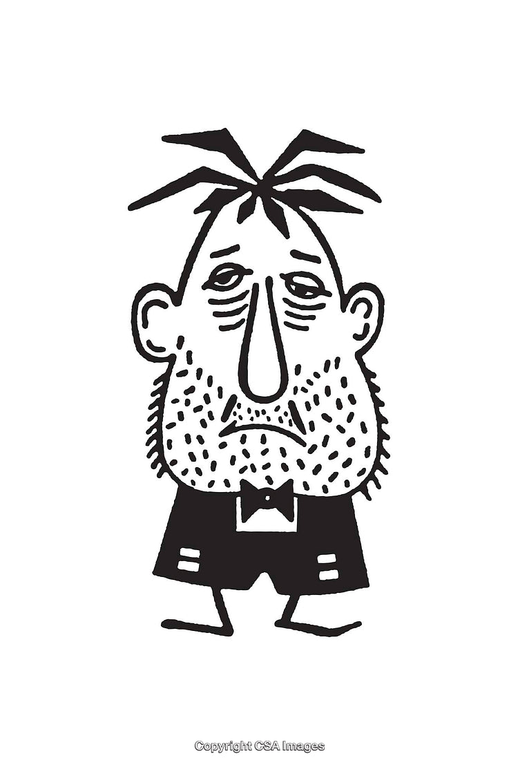 Black and White Illustration of a Quirky Character in Formal Attire