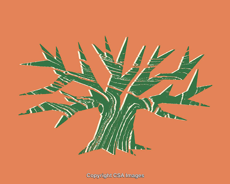 Stylized Green Tree Illustration on a Vibrant Orange Background