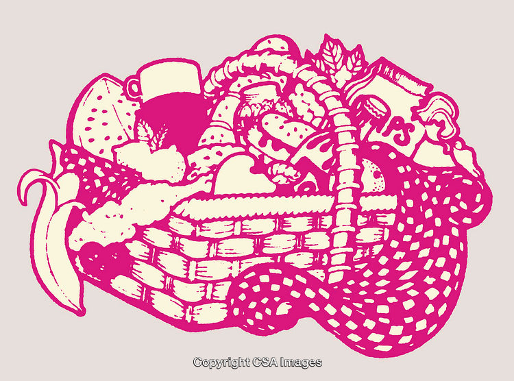 Vibrant Pink Line Art Illustration of a Picnic Basket with Food Items