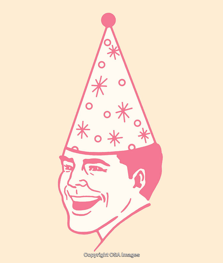 Retro Line Art Illustration of Smiling Man Wearing Party Hat