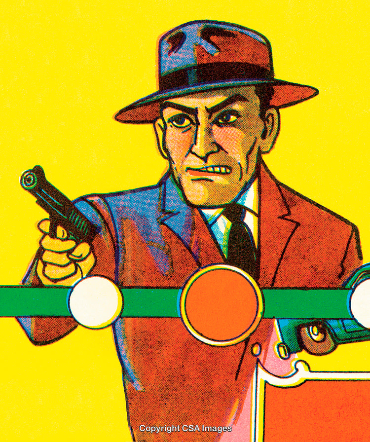 Retro Comic Style Graphic of Detective Holding a Gun on Vibrant Background