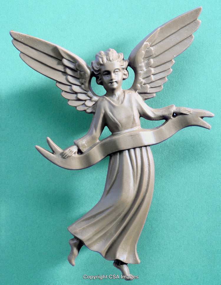 Gray Angel Figurine with Wings Holding Banner Against Turquoise Background