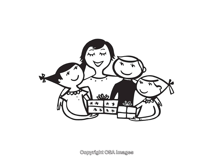 Happy Family Celebrating Together with Gifts in Black and White Illustration
