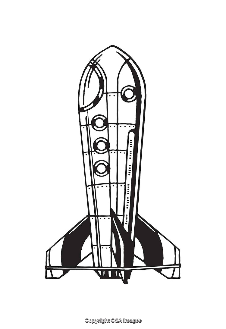 Black and White Line Art of Retro Spaceship Design