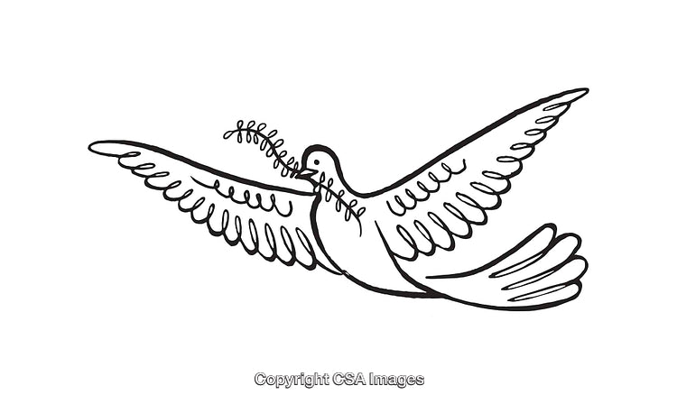 Black and White Line Art Illustration of a Dove Holding Olive Branch