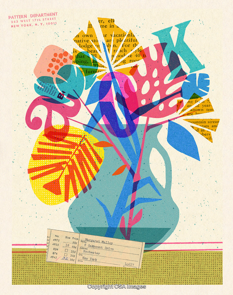 Vibrant Abstract Illustration of a Vase with Colorful Leaves and Patterns