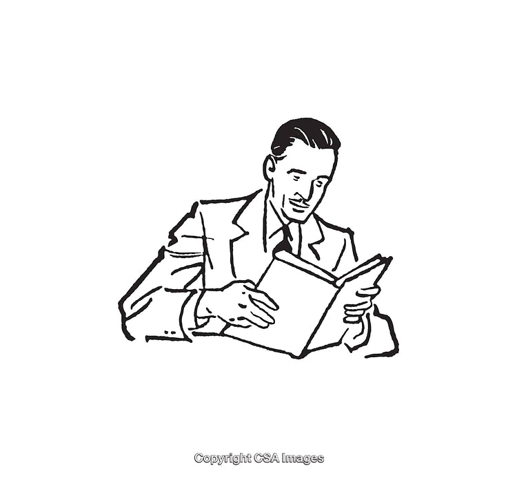 Monochrome Illustration of a Businessman Reading a Book with Focus