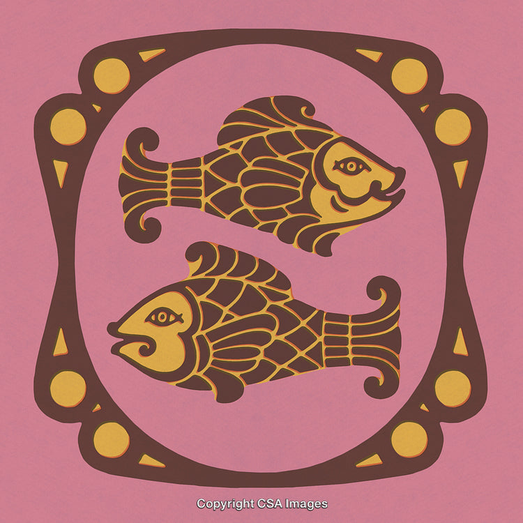 Artistic Illustration of Two Fish with Intricate Patterns on Pink Background