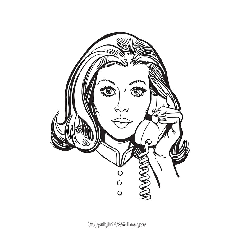Classic Black and White Illustration of a Woman Using a Landline Telephone