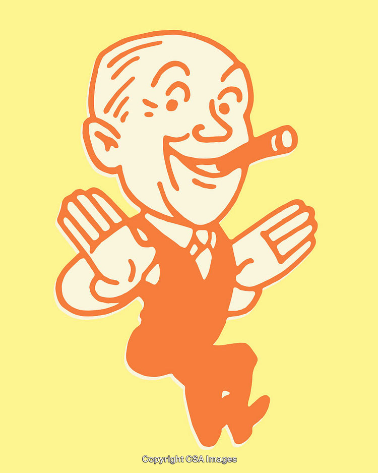 Cheerful Illustration of a Man Smiling and Enjoying a Cigar in Vintage Style
