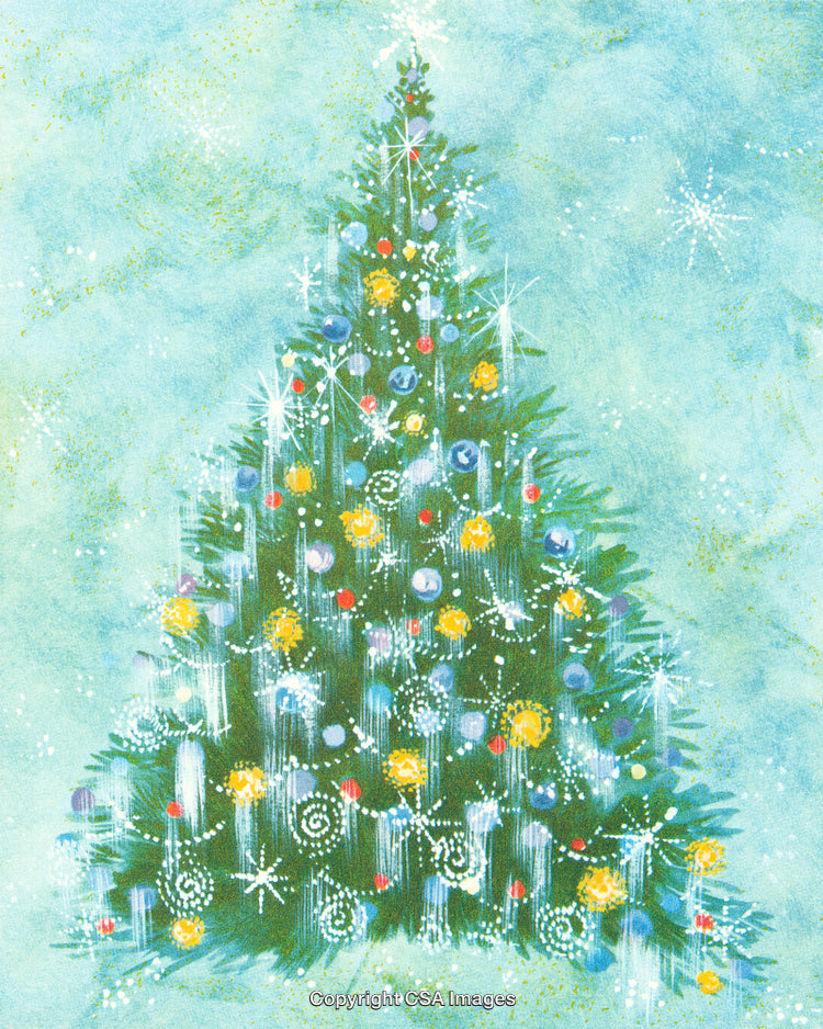 Beautifully Decorated Christmas Tree with Lights and Ornaments on Blue Background