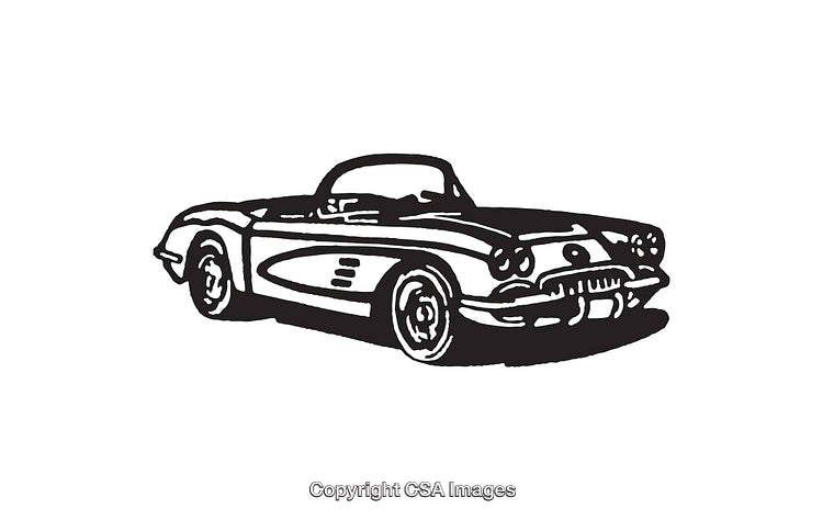 Vintage Convertible Car in Black and White Line Art Illustration