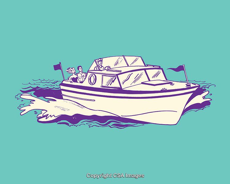 Colorful Line Art Illustration of People Enjoying a Speedboat Journey on Calm Waters
