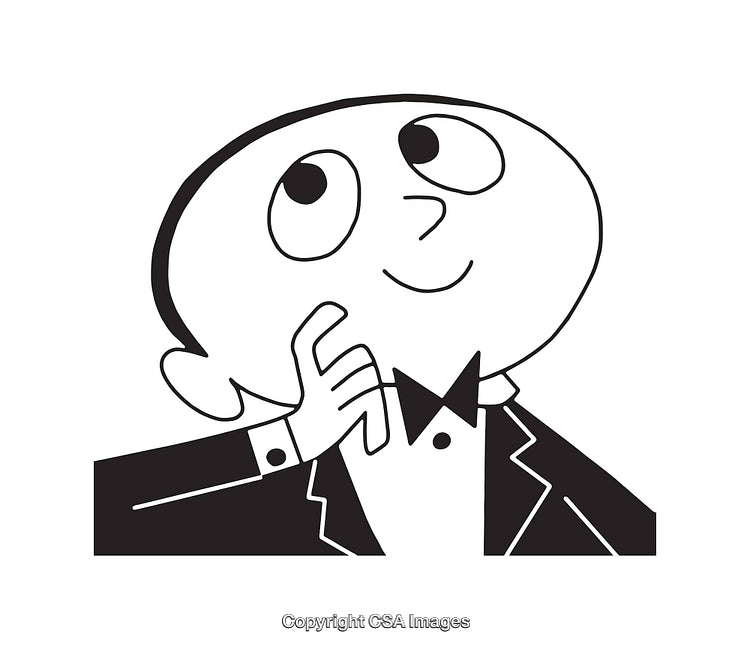 Black and White Line Art of Thoughtful Cartoon Character in Suit