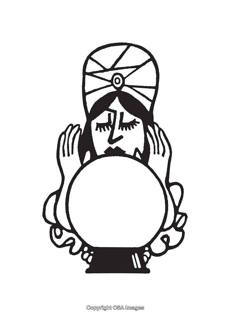 Black and White Line Art of a Mystic with Crystal Ball