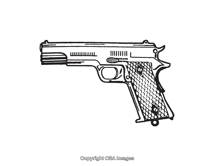 Black and White Line Art Illustration of a Handgun Side Profile