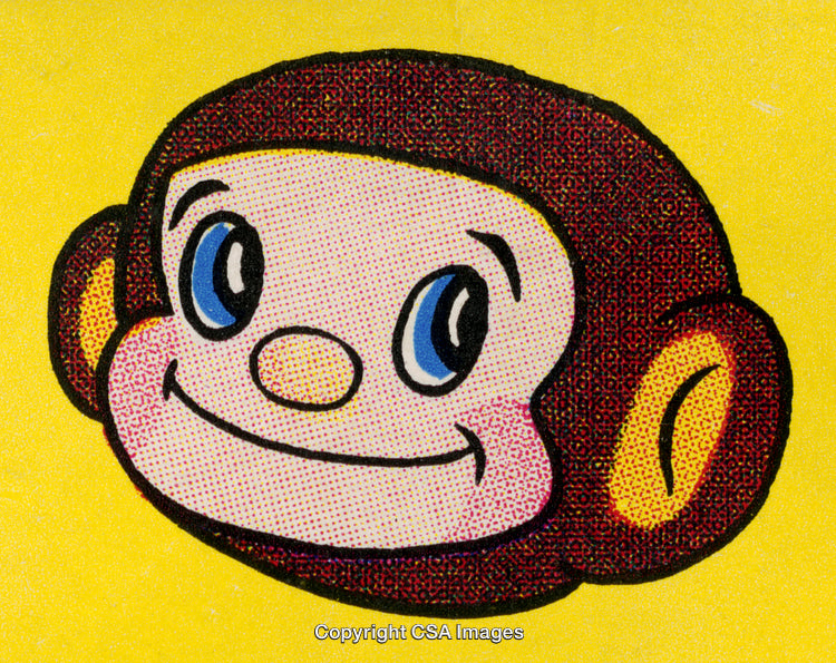 Cartoon Monkey Face with Blue Eyes on a Yellow Background