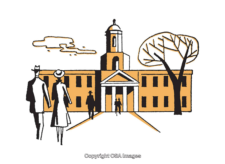 Illustrated Civic Building Scene with Strolling Figures and Nature Elements