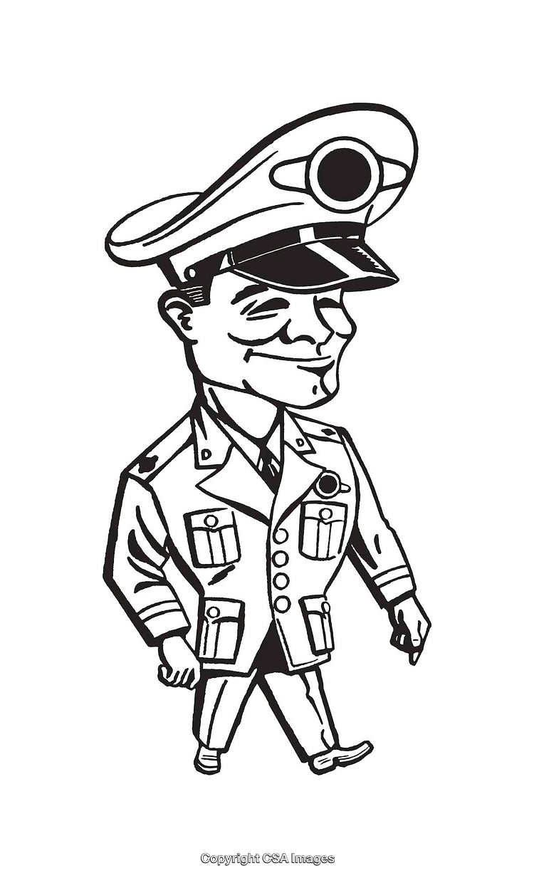 Cartoon Military Officer Walking Proudly Wearing Uniform with Insignia