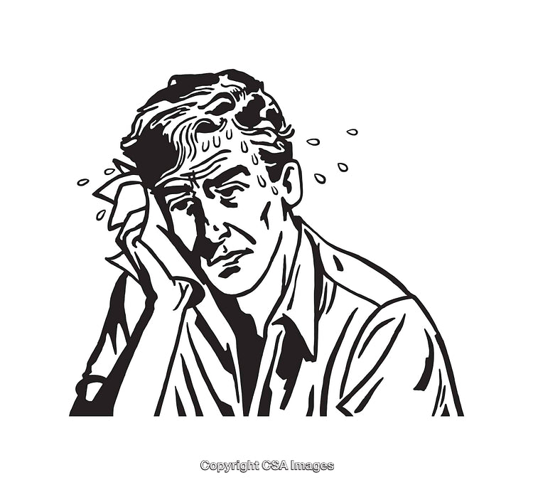 Black and White Illustration of a Sweaty Man Holding a Tissue