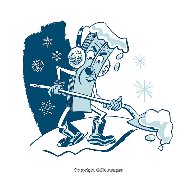 Quirky Cartoon Character Shoveling Snow in a Wintery Scene