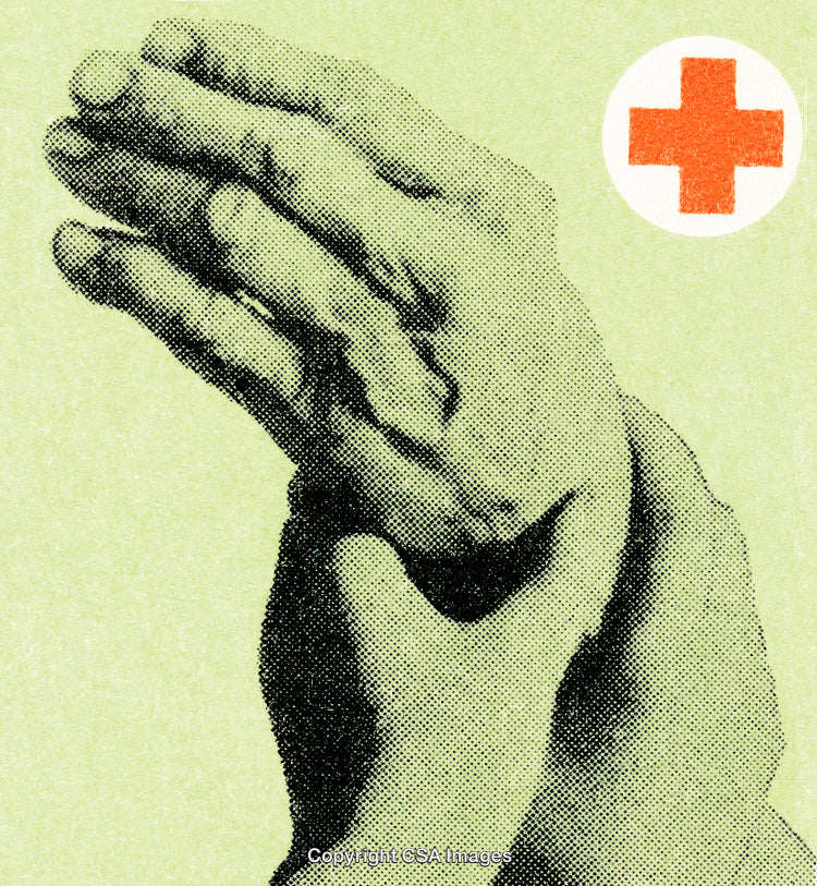 Vintage Stylized Hands with Medical Red Cross Symbol Design