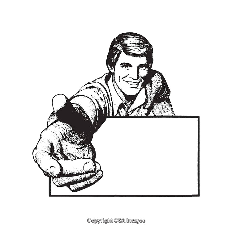 Black and White Illustration of Man Reaching Out with Blank Sign