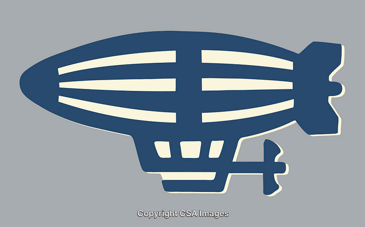 Stylized Blue Airship Illustration with Geometric Lines on Gray Background