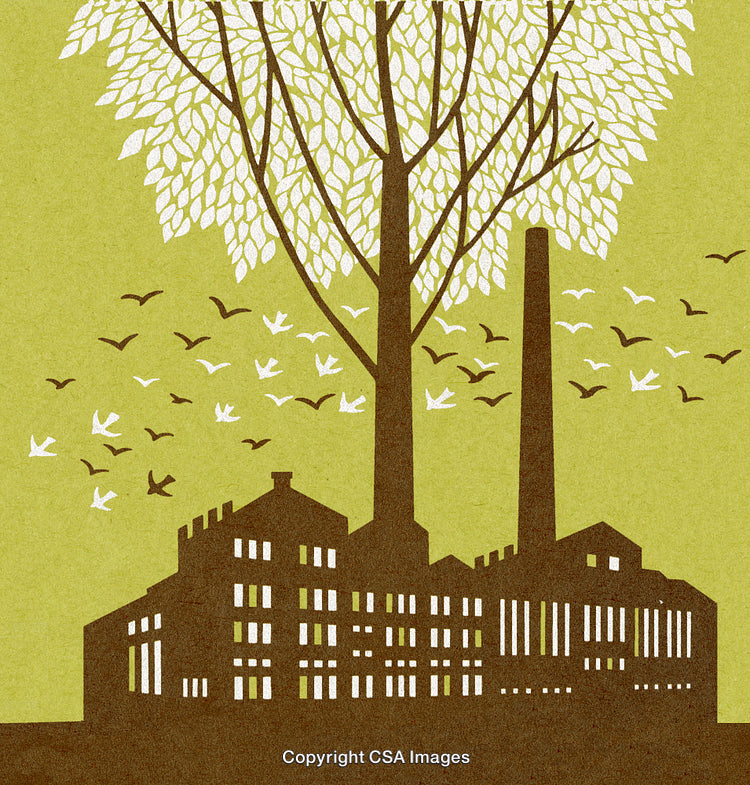 Sustainable Urban Landscape with Tree Silhouette and Industrial Building