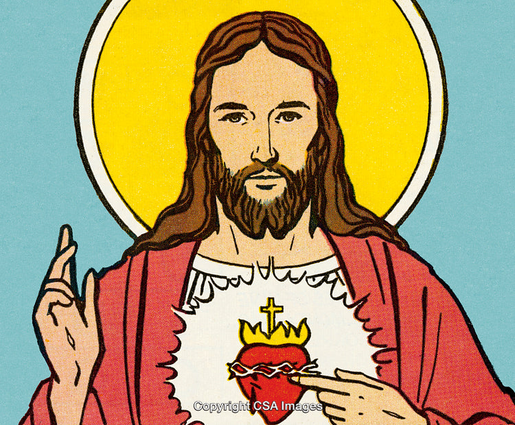 Colorful Illustration of Sacred Heart with Halo and Christ Figure