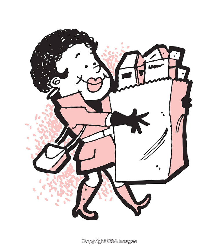 Colorful Illustration of Joyful Woman Carrying Grocery Bag While Walking