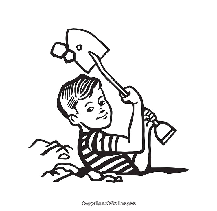Black And White Illustration of Youthful Boy Holding a Shovel with Joy